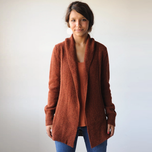 Autumnal Cardigan by Hannah Fettig for Knitbot in warm Mahogany color  