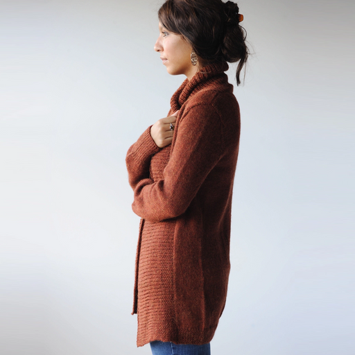 Autumnal Cardigan by Hannah Fettig for Knitbot in warm Mahogany color  