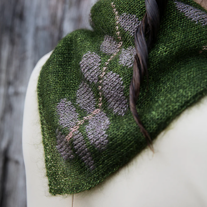 green and grey floral knitted scarf from the Laine book Cultivate