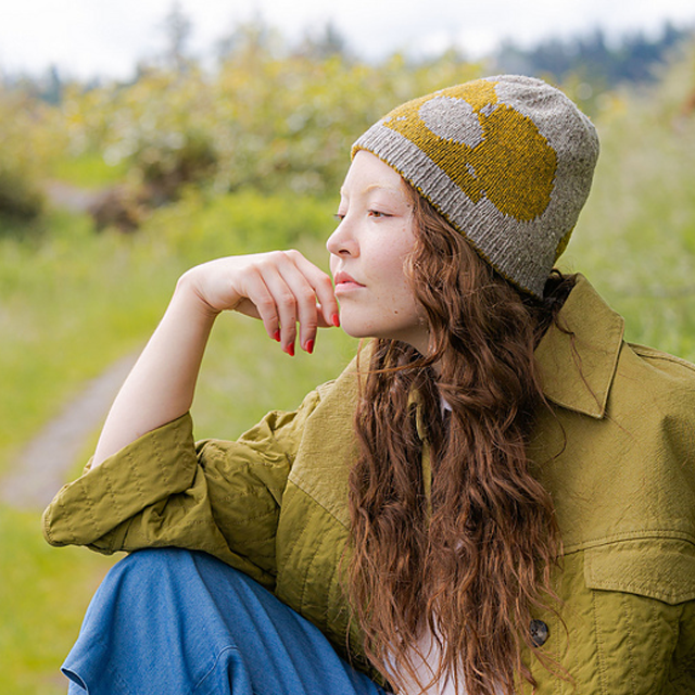 Lady wearing Hilma Hat knitted with Brooklyn Tweed Loft