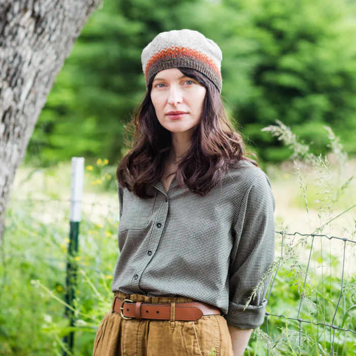 Woman wearing Sommers knitted with Brooklyn Tweed Loft