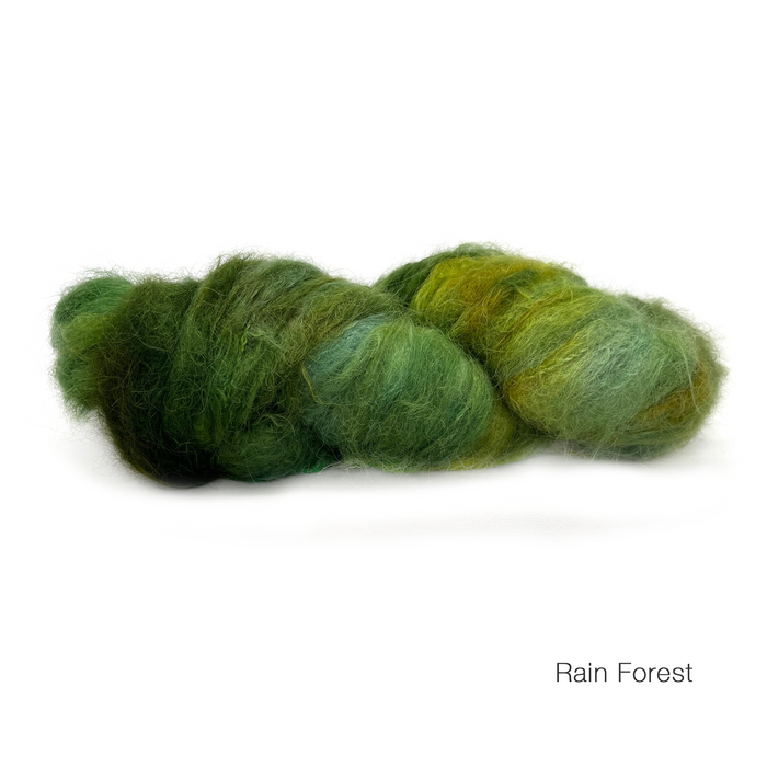 IAM Hand-Dyed Baby Suri Alpaca/ Merino yarn in Rain Forest Greens